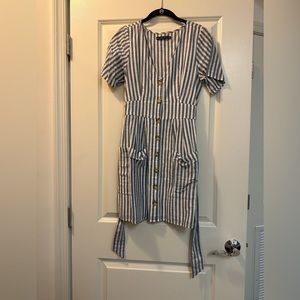 Blue striped V neck button down dress with front tie